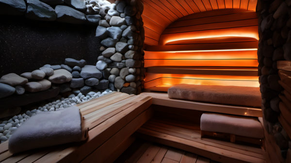 sauna, sauna al sale, panca, legno, pietra, cuscino, LED